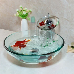 Goldfish Wash Basin Combo Clear Glass Sink Mixer Waterfal Faucet Waste Drain Set - Picture 1 of 11
