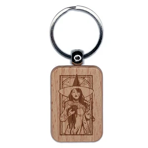 Elegant Witch with Black Cat Halloween Engraved Wood Rectangle Keychain - Picture 1 of 6