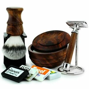 Wood Shaving Kit for Men Complete Double Edge Safety Brush Stand Bowl Soap