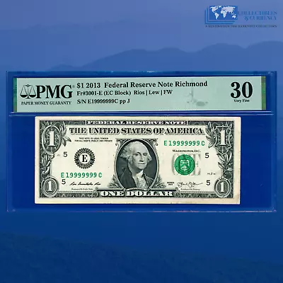 2013 FRN $1 Rare Fancy Near Solid Serial Number 19999999, PMG VERY FINE 30 - Image 1 of 2