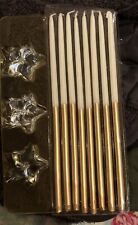 ELEGANT THIN TAPER/DINING GOLD & WHITE CANDLES-WITH STAR GLASS HOLDERS- NEW BOX