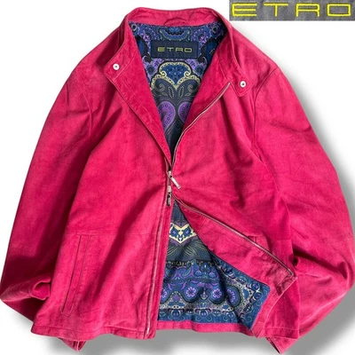 J7366 Etro 山羊磨砂佩斯利图案衬里双拉链皮革夹克洋红色 — 第 1/4 张图片