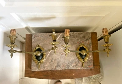 Ancien Paire Applique Murale Empire Bronze Doré Vert Couronne Laurier Triomphal - Photo 1/4