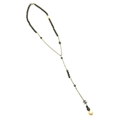 Collana lunga CHANEL costume nero perle perline logo CC metallo argento 05P con scatola