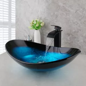 US Bathroom Vessel Sink Oval Tempered Glass Basin Wash Bowl Mixer Tap Faucet Set - Picture 1 of 12