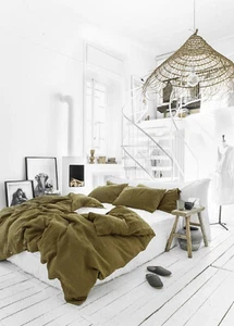 Linen Duvet Cover Set Olive Green Softened Quilt Cover Set 2 Pillow Case Button - Bild 1 von 7