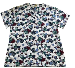 Fashion Seal Women’s White with Multi Color Hearts Scrub Top Short Sleeve size M - Picture 1 of 6