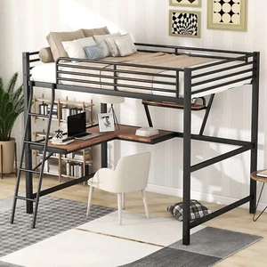 Full Size Bed Frame Loft Metal&MDF Bed with Desk and Shelf Black for Bedroom - Picture 1 of 9