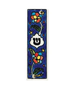 Art Judaica Ceramic Mezuzah Case 5" Jerusalem Pottery Blue with Floral - Picture 1 of 2