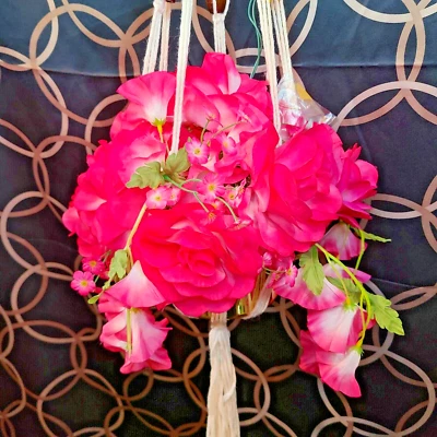 Hanging Plant Faux Red Flowers Macrame Lighted 46" Vintage Retro Decor see video - Image 1 of 4