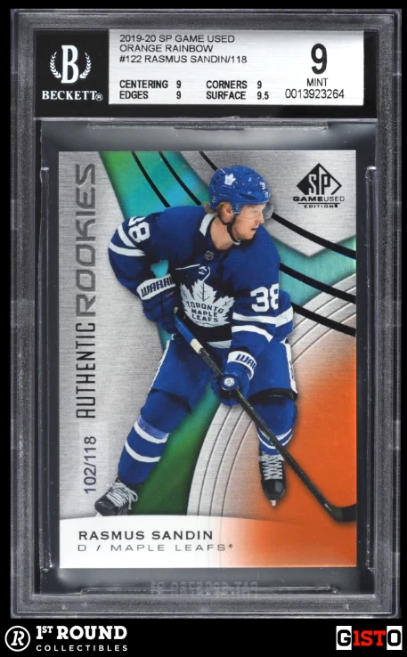 POP 1: Rasmus Sandin RC BGS 9: 2019-20 SP Game Used Orange Rainbow Rookie Gisto - Image 1 of 3