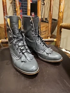 Laredo Leather Lace-Up Kiltie Boots Size 8 M Made in USA! Grey Leather - Picture 1 of 8