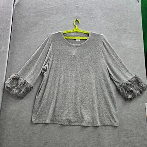 Lane Bryant Women Sweater 26/28 Gray 3/4 Sleeve Faux Fur Crew Neck - Picture 1 of 8