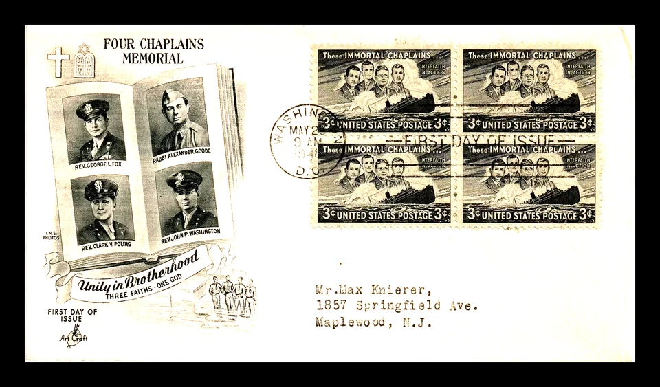 956 3c Stamp (1948) THE BENEVOLENT FOUR CHAPLAINS FDC - ART CRAFT - BLOCK - Image 1 of 1
