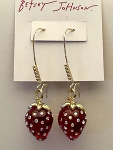 Pendientes colgantes BETSEY JOHNSON tono dorado rojo translúcido fresa NUEVO - Imagen 1 de 7