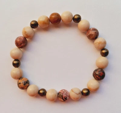 NEW  8MM FOSSIL & LEOPARDSKIN JASPER W/BRONZE  BRACELET, BUY  2 GET 3RD FREE - Image 1 of 3