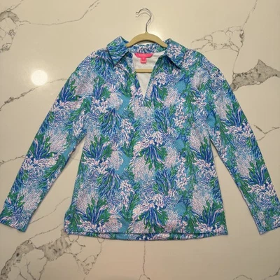Lilly Pulitzer Floral Polo Shirt Womens Size Small S Blue Colorful Long Sleeve - Image 1 of 4