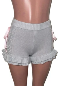 Sugar Thrillz Grey W Pink Ribbons Ruffles Lace Up Knit Shorts Coquette Lolita - Picture 1 of 3