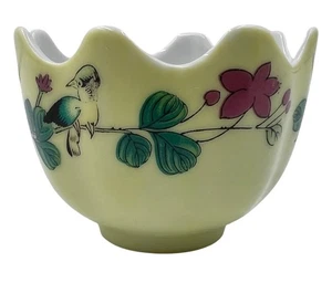 Vintage Hand Painted Scalloped Porcelain Bowl Bird & Floral Yellow China  1.5” - Picture 1 of 8