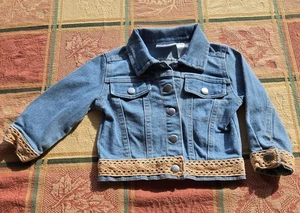 Blueber Girls Blue Denim Jacket Tan Lace Upcycled Embroidered Pumpkin 2T - Picture 1 of 9