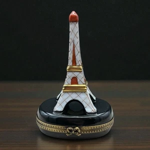 Limoges France Eiffel Tower Trinket Box Lips Inside Peint Main Hand Painted Vtg - Picture 1 of 22