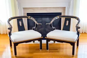 Vintage James Mont Chinoiserie Lacquered Horseshoe Chow Chairs—A Pair - Picture 1 of 10
