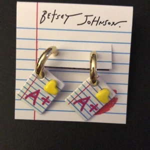 Betsey Johnson Gold Tone & White Enamel A+ Graded Homework Huggie Drop Earrings  - Picture 1 of 11