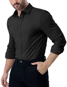 Men's Stretch Wrinkle-Free Solid Dress Shirt Casual Long Sleeve Button Down C... - Picture 1 of 8