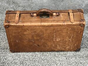 Antique English Leather Suitcase Valise Large Strap Steamer Train Case Farmhouse