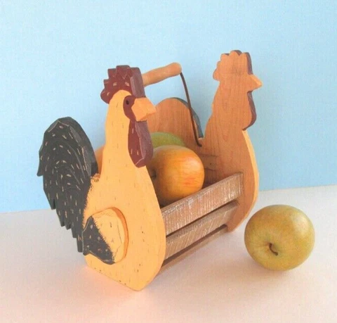 Carved wood rooster kitchen basket - egg. fruit or bread basket Farmhouse  Chic Cover