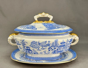 Royal Worcester Chinoiserie BLUE WILLOW 16" Soup Tureen c. 1891 Elephant Handles - Picture 1 of 23