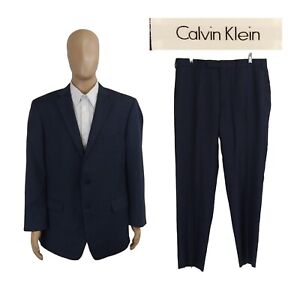 Calvin Klein Two Piece 2 Button Blue 100% Wool Check Suit 44R Tapered Pant 36X31