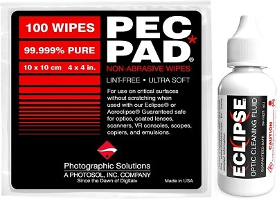 LÍQUIDO DE LIMPIEZA ÓPTICA ECLIPSE 2 oz y almohadilla PEC 4x4" PAQUETE DE 100 SOLUCIONES FOTOGRÁFICAS Foto 1 de 4