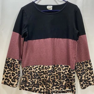 Mädchen großes Langarmshirt Leopardenmuster schwarz rosa Farbblock Spitze Akzent - Bild 1 von 6