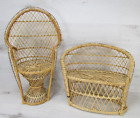 Peacock Wicker Doll Chair & Love Seat 16" Plant Stand Fan Back Rattan Vintage