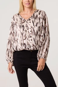NEW LADIES WOMENS GLITTER ANIMAL PUFFBALL V-NECK BLOUSE LEOPARD PRINT TOP BNWT - Picture 1 of 3