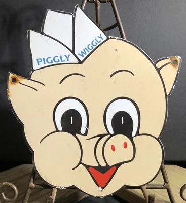 "ANUNCIO DE SERVICIO DE BOMBA DE GAS VINTAGE PIGGLY WIGGLY 10"" PORCELANA CARTEL TIENDA DE COMESTIBLES" Foto 1 de 4