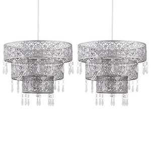 Set of 2 Silver 3 Tier Jewelled Ceiling Light Shade Pendants Bedroom Lightshades - Picture 1 of 6
