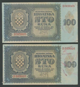🔴CROACIA 100 Kuna 1941 XF-XF+ P2a Segunda Guerra Mundial USTASA Par con número de serie consecutivo🔴 - Imagen 1 de 2