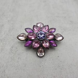 Liz Claiborne Brooch Purple Crystal Flower Gunmetal Setting Scarf Sweater Pin
