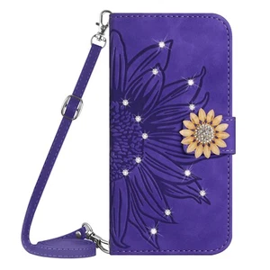 Women Crossbody Sunflower Diamond Flip Card Wallet Stand Case For Various Phone - Picture 1 of 13