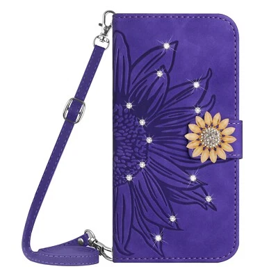 Women Crossbody Sunflower Diamond Flip Card Wallet Stand Case For Various Phone - Image 1 of 4