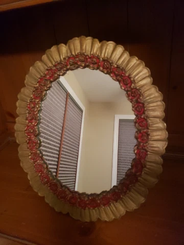Syroco Large Vtg 18" Mirror Oval Easel Back Victorian  Red Roses Gold Ribbons Cover