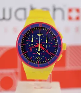 Swiss Swatch Chrono GLOW LOOM Yellow And Navy Date Sports Men's Watch SUSJ400 - Picture 1 of 8