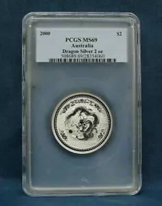 2000 2 OZ. SILVER AUSTRALIAN LUNAR YEAR OF THE DRAGON PCGS MS69 - Picture 1 of 2