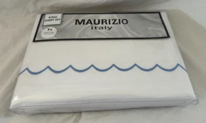 4 pc Maurizio White & Blue King Sheet Set Made in Italy NIP - Picture 1 of 12