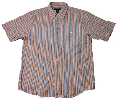 ANDREW FEZZA LINEN Blend Men Large Orange Blue Multi Striped S/S Button-Up Shirt - Image 1 of 4
