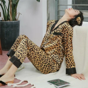 Womens Ladies Silk Satin Pajamas Set Sexy Sleepwear Leopard Print Homewear Night - Picture 1 of 12