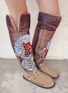 Ed Hardy Born Free WinterKnee High Boots Women's Size 5 Eagle Fur Lined - Picture 1 of 12
