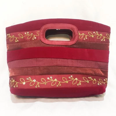 Cartera bordada satinada terciopelo rojo 8" bolso de mano lentejuelas Foto 1 de 4